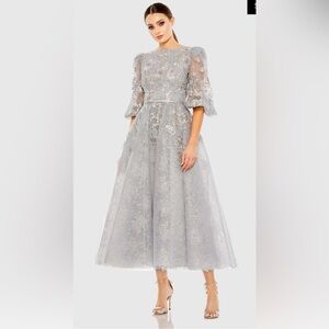 Mac Duggal Size 22 Gray High Neck Embellished Midi Dress Puff Sleeve 20418 NWT